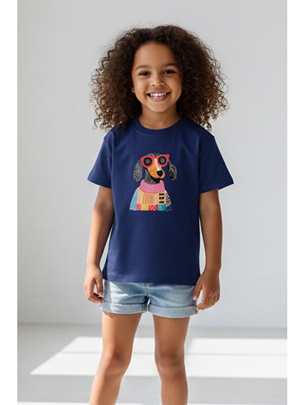 Monila Kız Çocuk Köpek Baskılı Bisiklet Yaka Tshirt
