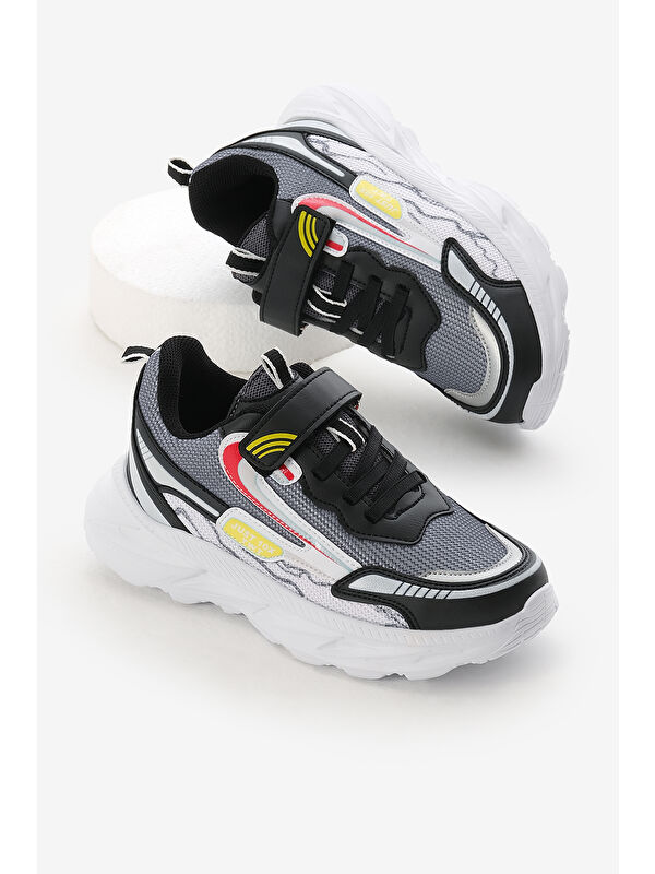 TONNY BLACK Çocuk Unisex Siyah Füme EVA Faylon Taban Desenli Cırtlı Lastik Bağcıklı Spor Ayakkabı