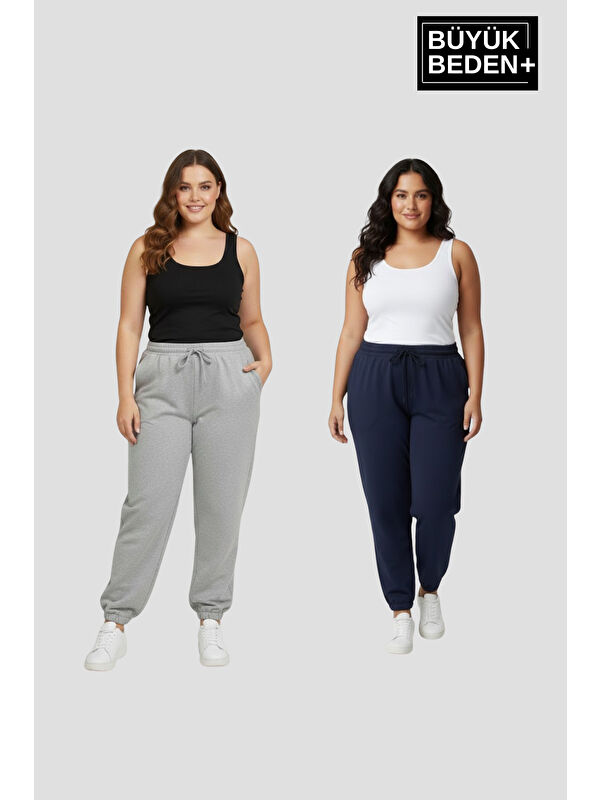Süperlife Kadın Büyük Beden İkili Jogger Paça Lastikli İnce Eşofman Altı Seti SPR26BEA951+2