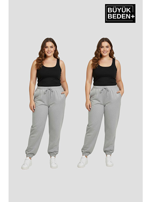 Süperlife Kadın Büyük Beden İkili Jogger Paça Lastikli İnce Eşofman Altı Seti SPR26BEA951+2