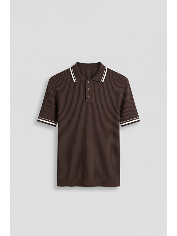 Abluka Online Erkek Regular Fit Pamuklu Kontrast Detaylı Polo Yaka T-Shirt Kahverengi