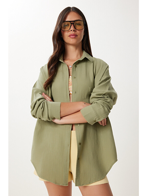 Happiness İstanbul Oversize Basic Müslin Gömlek ÇAĞLA YEŞİLİ LMX0002