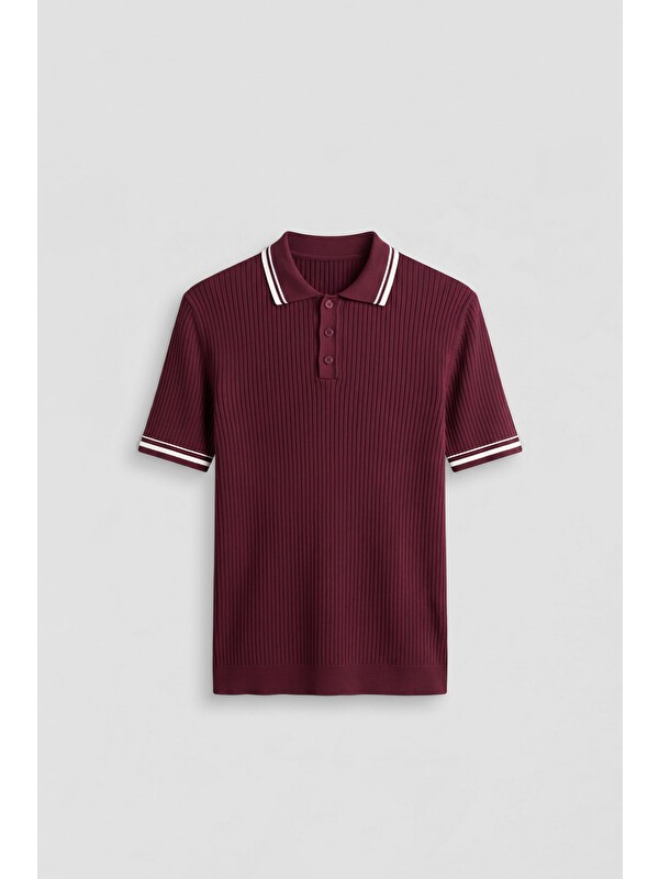Abluka Online Erkek Regular Fit Pamuklu Kontrast Detaylı Polo Yaka T-Shirt Bordo