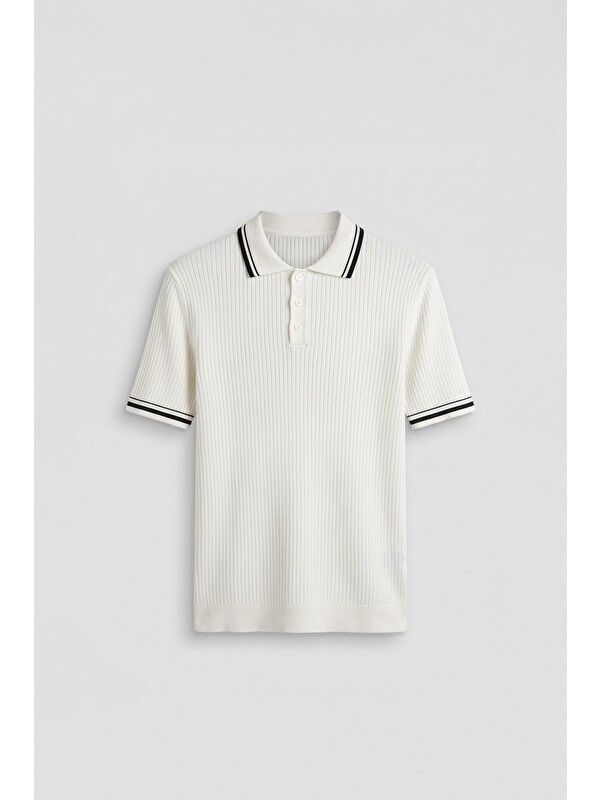Abluka Online Erkek Regular Fit Pamuklu Kontrast Detaylı Polo Yaka T-Shirt Beyaz