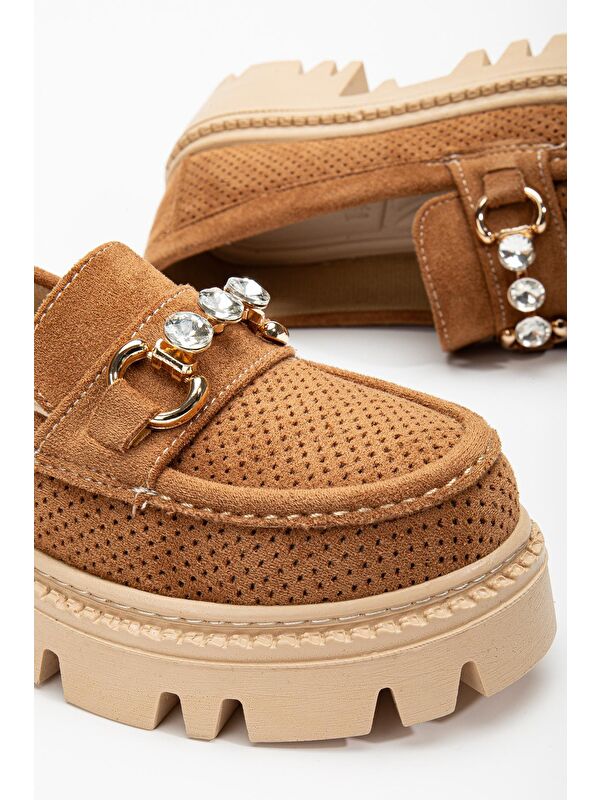 Kadın Taba Süet Rahat Kalıp Önü Tokalı Kalın Taban Loafer - Görsel 4