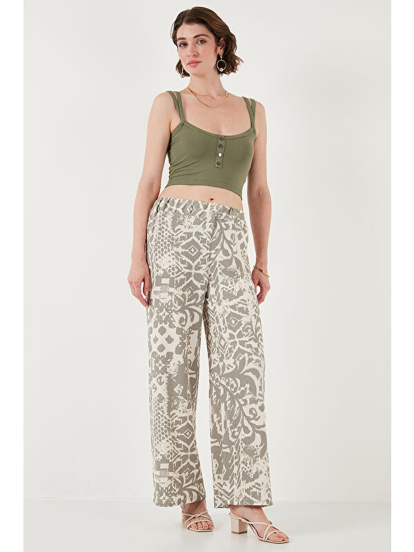 Lela Desenli Standart Fit Yüksek Bel Geniş Paça Pantolon 5869019