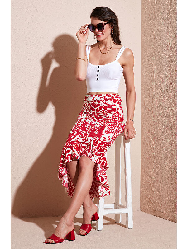 Lela Regular Fit Desenli Yüksek Bel Volanlı Midi Boy Yırtmaçlı Etek 5869013
