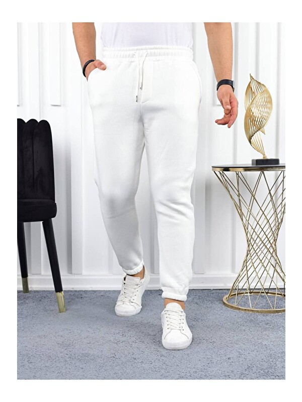 Comstar Erkek Beli Lastikli Şardonlu Jogger Beyaz Eşofman Altı