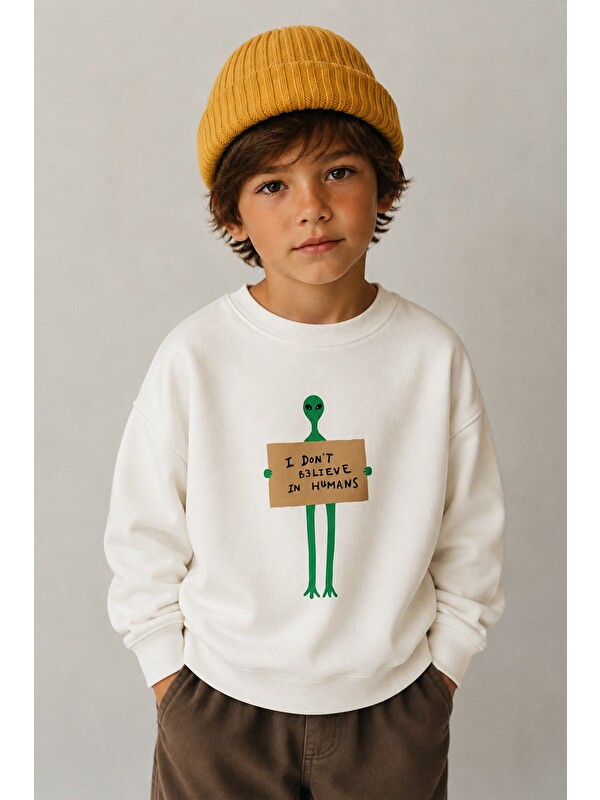Monila Erkek Çocuk 3 İplik Kumaş Uzaylı Baskılı Pamuklu Sweatshirt