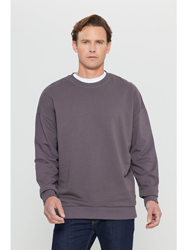AC&Co / Altınyıldız Classics Erkek Koyu Gri Oversize Bol Kesim 3 İplik Bisiklet Yaka Pamuklu Sweatshirt