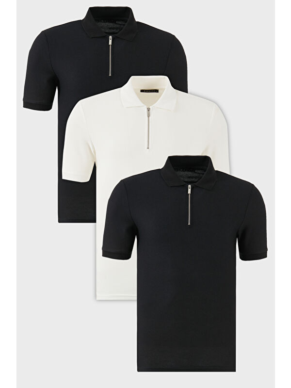 Buratti Pamuklu Regular Fit Yarım Fermuarlı 3'lü Paket Polo Yaka %100 Pamuk Tişört 5902434S3