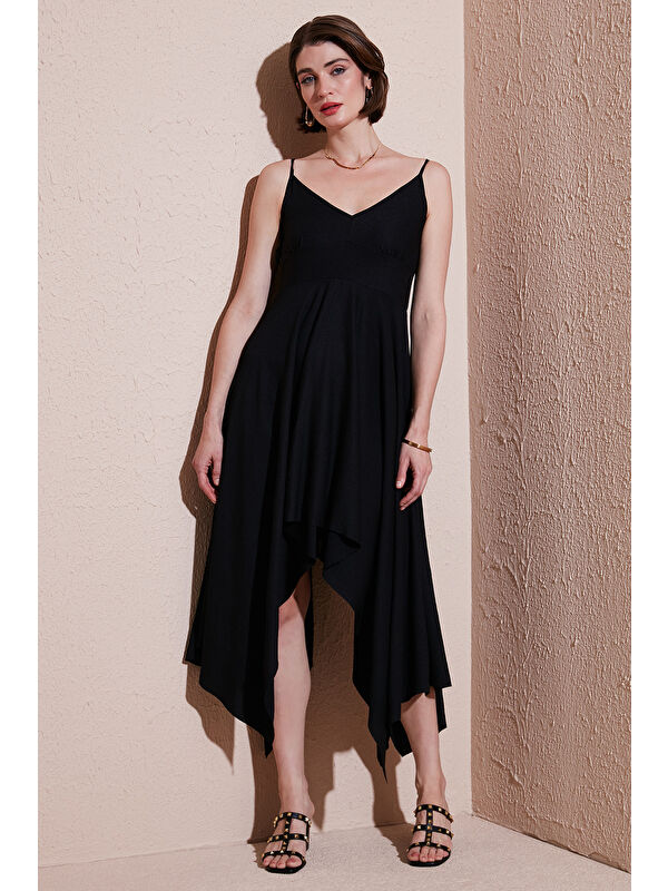 Lela Asimetrik Kesim Regular Fit Midi Boy Askılı V Yaka Elbise 5866131