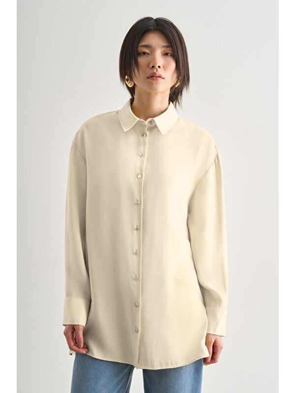 Mizalle Yan Düğme Detaylı Premium Modal Ekru Tunik