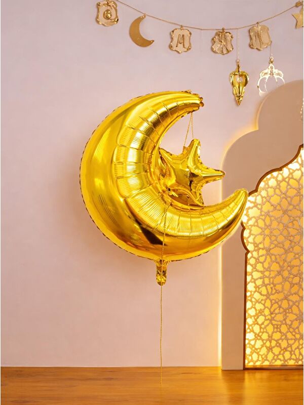 Parti Adresi Hoş Geldin Ramazan Altın Ay ve Yıldız Figürlü Folyo Balon 57 cm