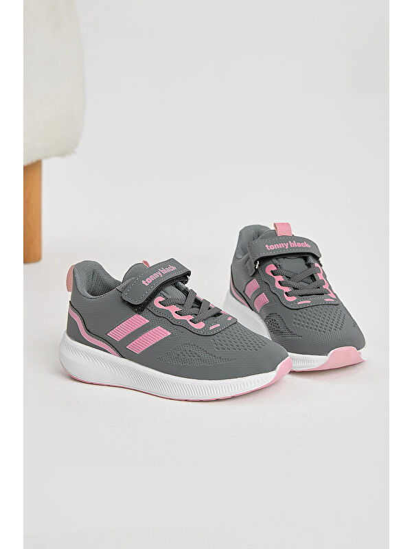 TONNY BLACK Çocuk Unisex Füme Pembe Eva Taban Yanı Şeritli File Detaylı Cırtlı Spor Ayakkabı