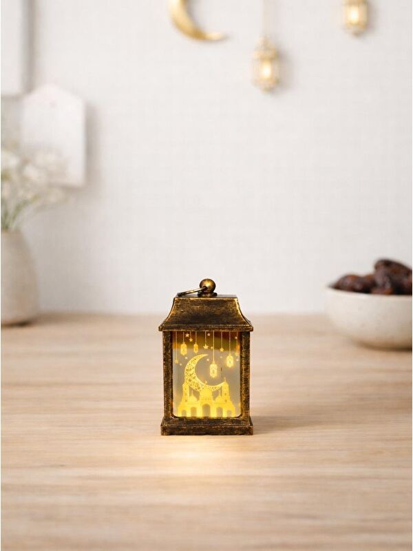 Parti Adresi Mini Ramazan Feneri – Led Işıklı Pilli Eskitme Detaylı Altın 10 cm