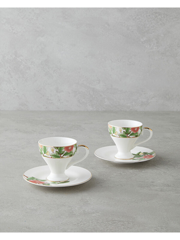 English Home Garden Dream New Bone China 4 Parça 2 Kişilik Kahve Fincan Takımı 90 ml Yeşil-Beyaz