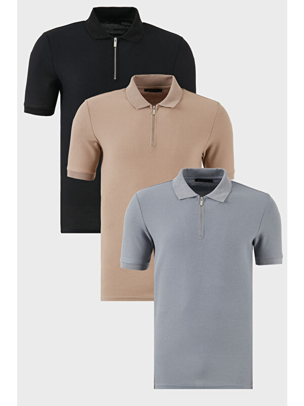 Buratti Pamuklu Regular Fit Yarım Fermuarlı 3'lü Paket Polo Yaka %100 Pamuk Tişört 5902434S3
