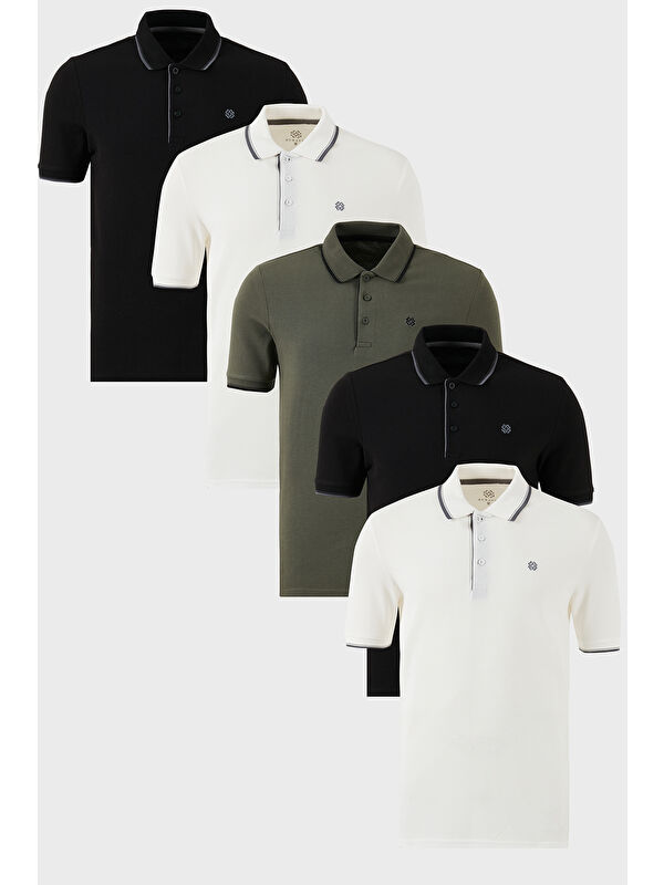 Buratti Pamuklu Slim Fit Şerit Detaylı Düğmeli Polo Yaka 5'li Paket %100 Pamuk Tişört 5902118S5
