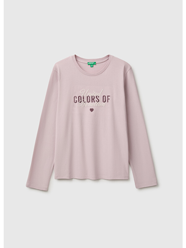 United Colors Of Benetton Kız Çocuk Gül Kurusu Önü İşlemeli Uzun Kollu Tişört