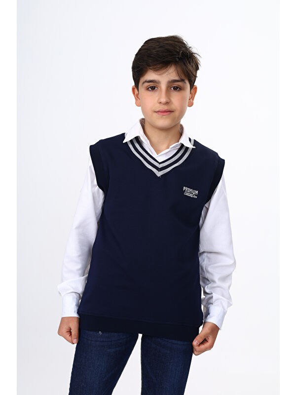 Toontoykids Erkek Çocuk V Yaka Triko Okul Süveteri - Şerit Detaylı