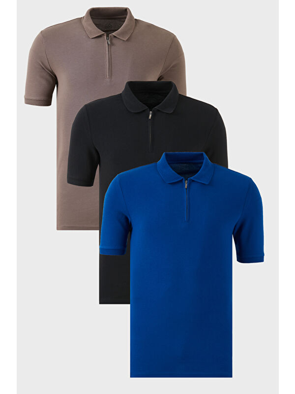 Buratti Pamuklu Regular Fit Yarım Fermuarlı 3'lü Paket Polo Yaka %100 Pamuk Tişört 5903008S3