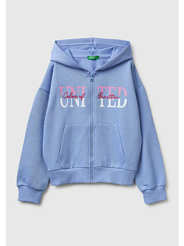 United Colors Of Benetton Kız Çocuk Havacı Mavi Simli Logolu Fermuarlı Cepli Kapüşonlu Yüksek Yaka Sweatshirt