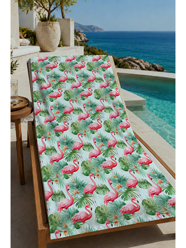 Milbay Grup Beyaz Zemin Yeşil Pembe Flamingo Desenli 70x150 cm Dijital Baskılı Plaj ve Banyo Havlusu