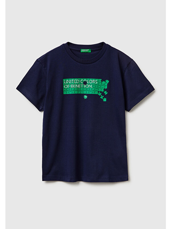 United Colors Of Benetton Erkek Çocuk Lacivert Önü Logo Baskılı Bisiklet Yaka T-Shirt
