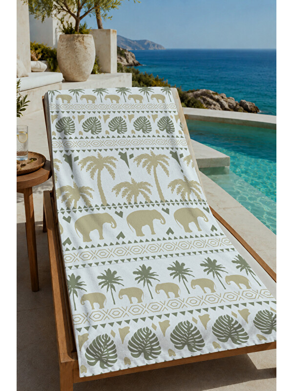 Milbay Grup Ekru Haki Etnik Bordür ve Geometrik Motif Desenli 70x150 cm Dijital Baskılı Plaj ve Banyo Havlusu