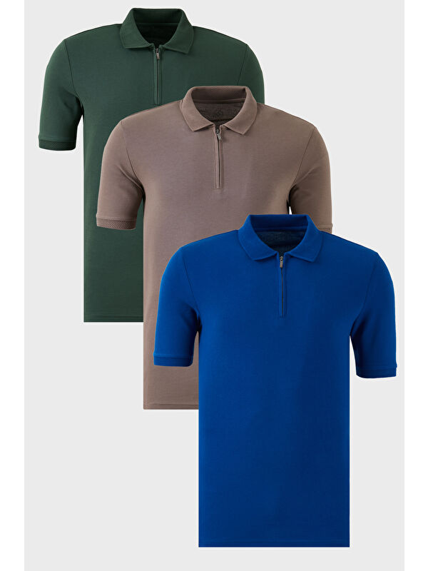 Buratti Pamuklu Regular Fit Yarım Fermuarlı 3'lü Paket Polo Yaka %100 Pamuk Tişört 5903008S3