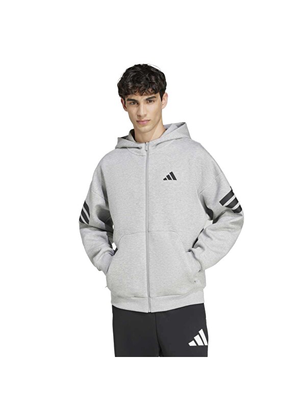 Adidas Fleece Insulated 3 Stripes Gri Kapüşonlu Erkek Fermuarlı Sweatshirt Hırka