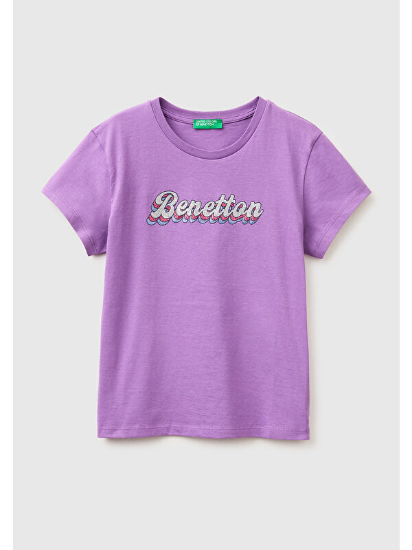United Colors Of Benetton Kız Çocuk Mor Simli Logolu Bisiklet Yaka T-Shirt
