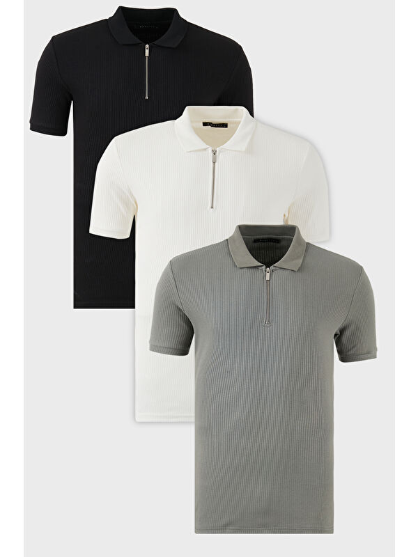 Buratti Pamuklu Regular Fit Yarım Fermuarlı 3'lü Paket Polo Yaka %100 Pamuk Tişört 5902738S3