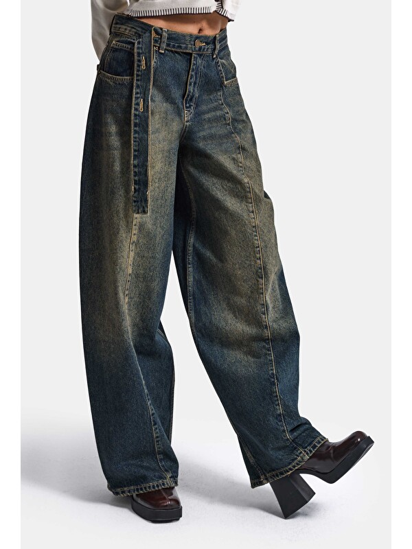 It's Basic Kadın Tint Jean Rengi 2w6-11 Baggy Kemerli Orta Bel Denim Jean