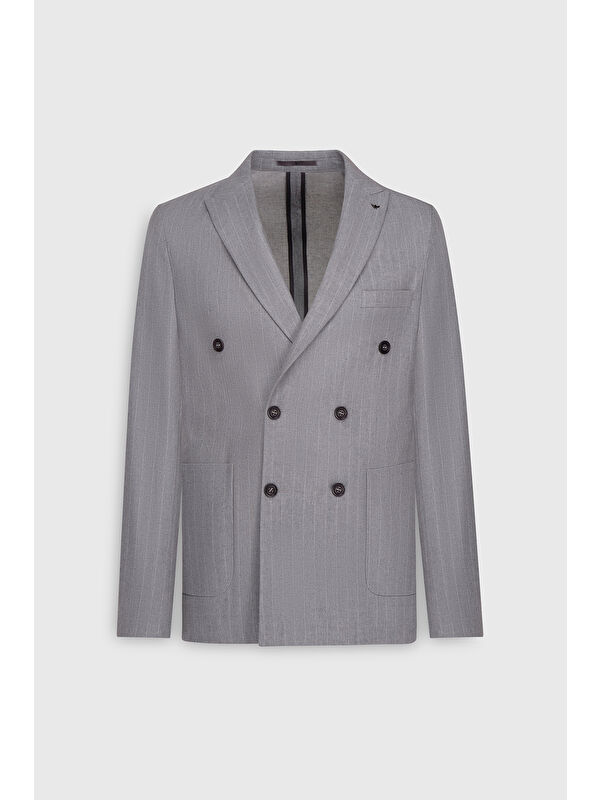 Altınyıldız Classics Erkek Gri Yünlü Slim Fit Dar Kesim Kırlangıç Yaka Çizgili Torba Cepli Ceket