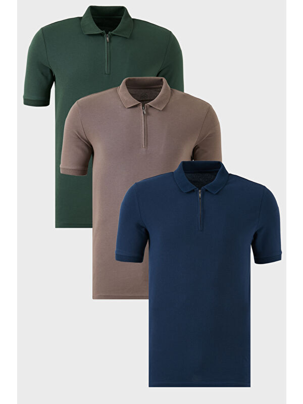 Buratti Pamuklu Regular Fit Yarım Fermuarlı 3'lü Paket Polo Yaka %100 Pamuk Tişört 5903008S3