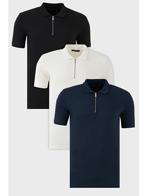 Buratti Pamuklu Regular Fit Yarım Fermuarlı 3'lü Paket Polo Yaka %100 Pamuk Tişört 5902738S3