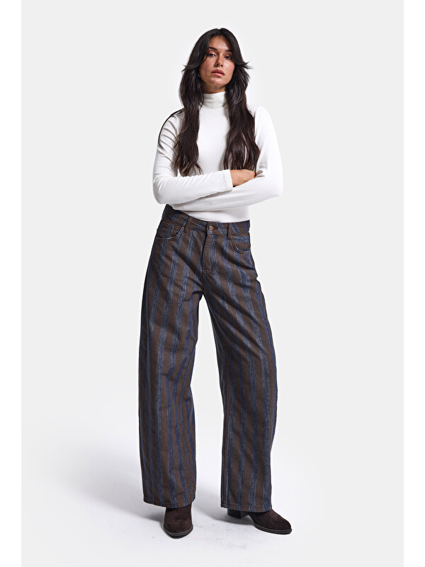 It's Basic Kadın Kahve Çizgili 1w6-7 Barrel Fit Bol Kesim Tasarım Denim Pantolon