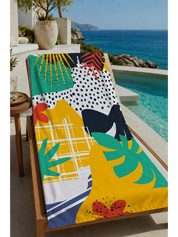 Milbay Grup Sarı Yeşil Siyah Pop Art Hayvan ve Tropikal Yaprak 70x150 cm Dijital Baskılı Plaj ve Banyo Havlusu