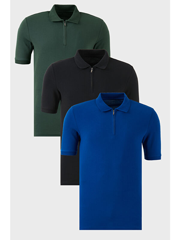 Buratti Pamuklu Regular Fit Yarım Fermuarlı 3'lü Paket Polo Yaka %100 Pamuk Tişört 5903008S3