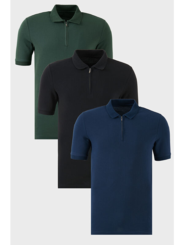 Buratti Pamuklu Regular Fit Yarım Fermuarlı 3'lü Paket Polo Yaka %100 Pamuk Tişört 5903008S3