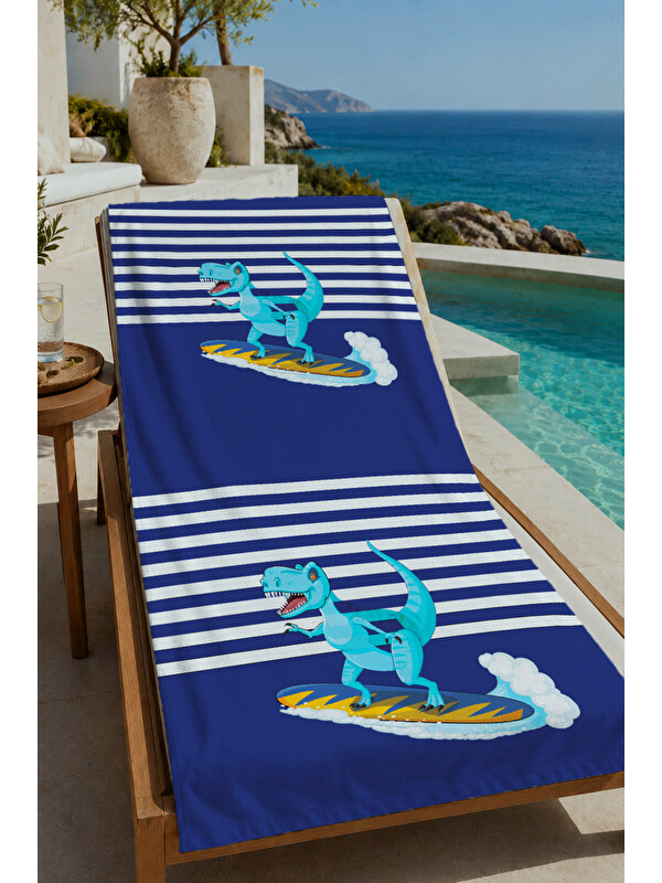 Milbay Grup Lacivert Beyaz Çizgili Tropikal Timsah Desenli 70x150 cm Dijital Baskılı Plaj ve Banyo Havlusu