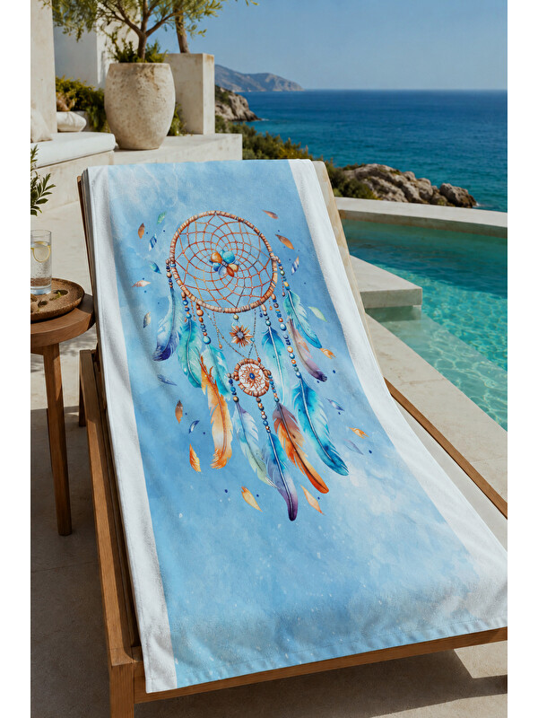 Milbay Grup Açık Mavi Rüya Kapanı Dreamcatcher Desenli 70x150 cm Dijital Baskılı Plaj ve Banyo Havlusu