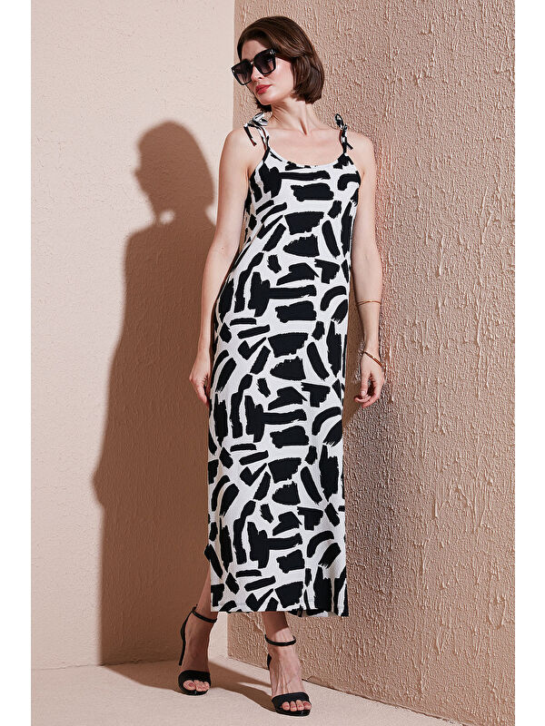 Lela Desenli Midi Boy Oversize Fit Bağlamalı İp Askılı Bisiklet Yaka Elbise 5869009