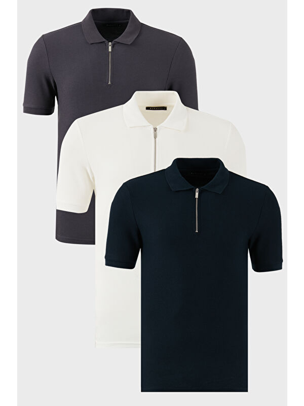 Buratti Pamuklu Regular Fit Yarım Fermuarlı 3'lü Paket Polo Yaka %100 Pamuk Tişört 5902434S3