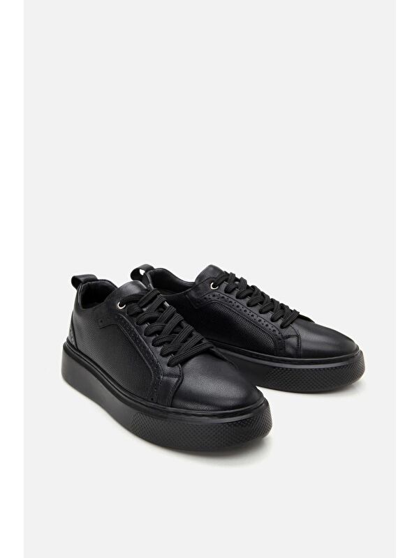 Erkek Deri Siyah Hafif Tabanlı Spor Ayakkabı - Görsel 4