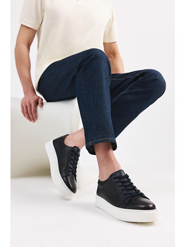 Erkek Deri Lacivert Hafif Tabanlı Spor Ayakkabı - Görsel 3