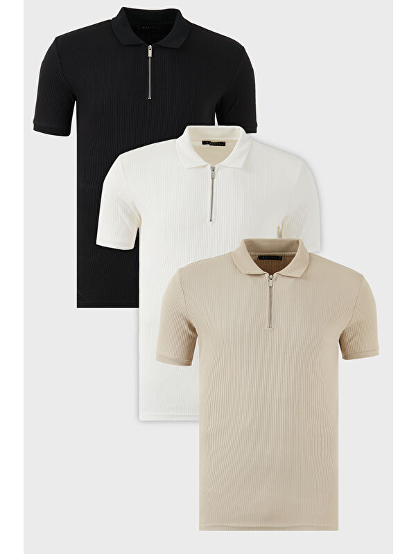Buratti Pamuklu Regular Fit Yarım Fermuarlı 3'lü Paket Polo Yaka %100 Pamuk Tişört 5902738S3