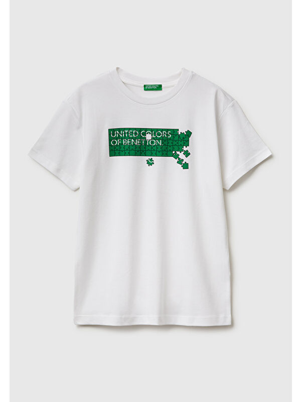 United Colors Of Benetton Erkek Çocuk Beyaz Önü Logo Baskılı Bisiklet Yaka T-Shirt